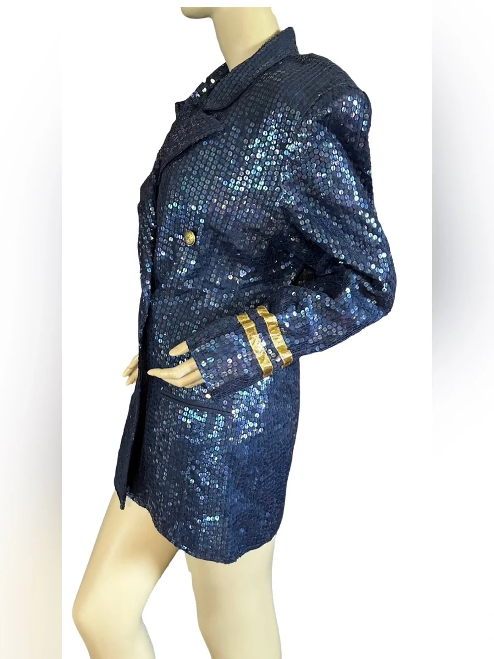 VINTAGE 1980'S LEW MAGRAM BLUE & GOLD NAUTICAL THEME SEQUIN BLAZER (L)